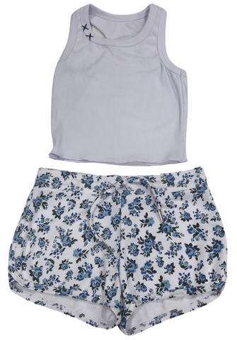 White Ribbed Tank & Blue Floral Shorts Set (sz 5)