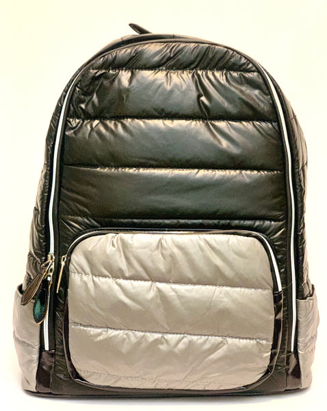 Full Size Metallic Multi Tone Puffer Backpack- Black/Silver
