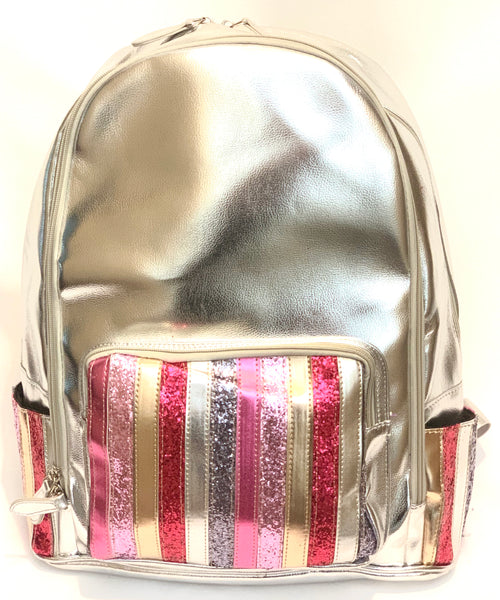 Full Size Glitter Stripe Pocket Backpack- Silver Pinks