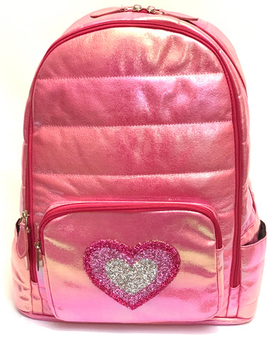 Full Size Iridescent Puffer Backpack- Pink with Heart