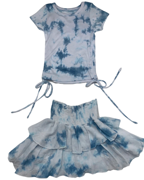 Blue and White Tye Dye Skirt & Ribbed Shirt (Set)