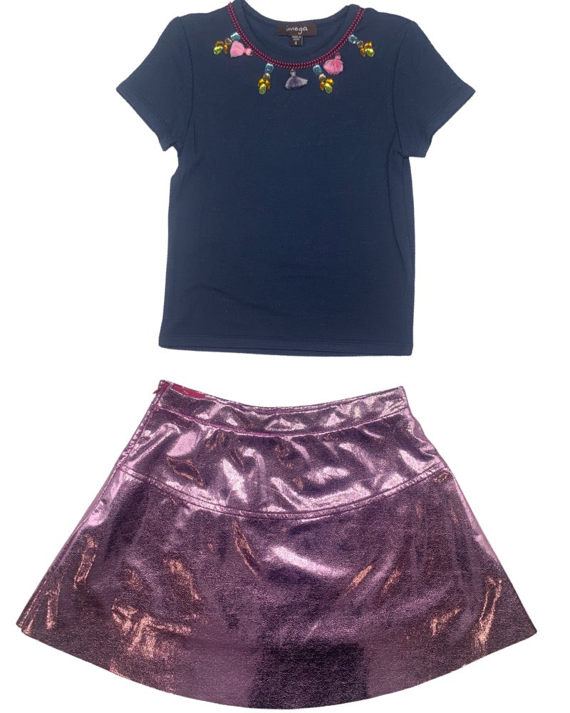 T-Shirt with pompoms/Pink Metallic skirt (sz 4)