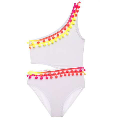 White Ric Rac/Pom Cutout Swimsuit