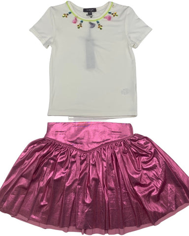 White short sleeve shirt with pompoms necklace / Metallic Pink skirt (sz 4)