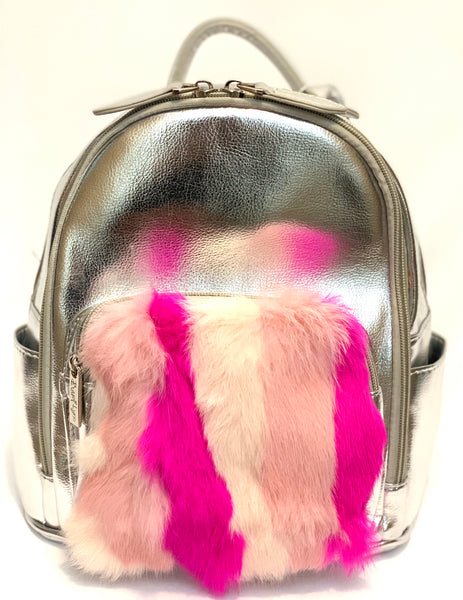 Mini Size Fur Pocket Backpack- Silver with Pink Furs