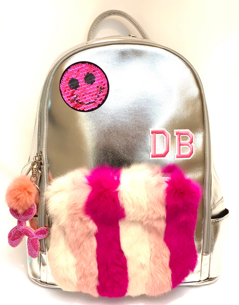 Full Size Fur Pocket Backpack- Silver with Pink Furs