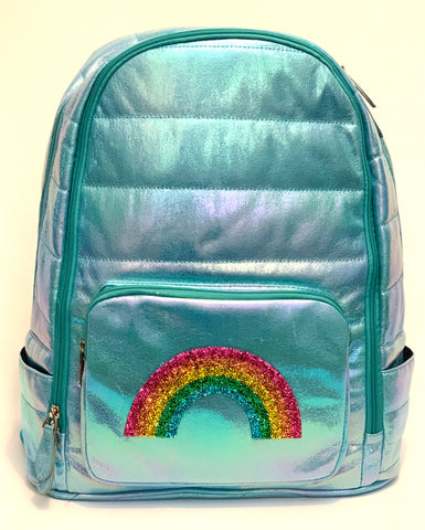 Full Size Iridescent Puffer Backpack- Aqua with Rainbow