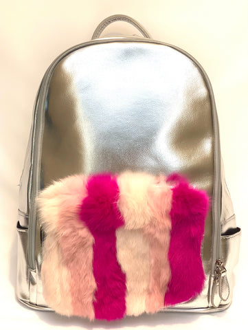 Full Size Fur Pocket Backpack- Silver with Pink Furs