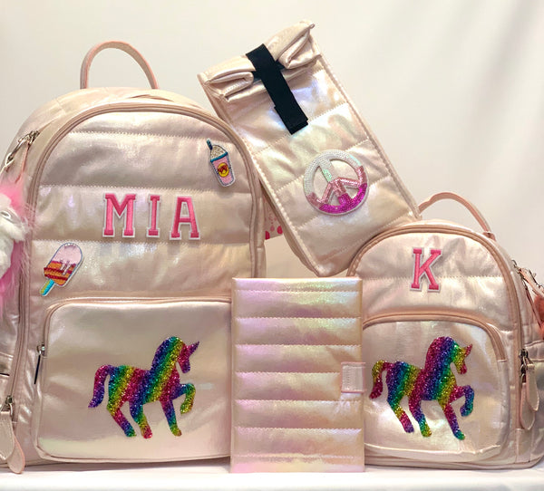 Full Size Iridescent Puffer Backpack- Light Pink with Unicorn