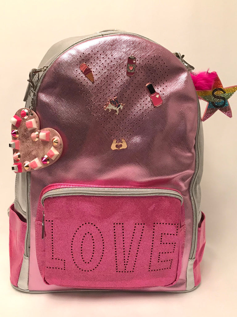 Full Size-Perforated Heart/Love Backpack- Pink/Silver