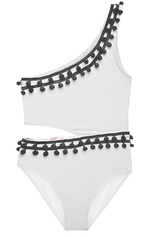 White Poms Cutout Swimsuit