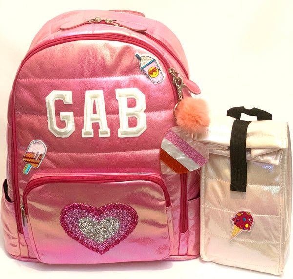 Full Size Iridescent Puffer Backpack- Pink with Heart