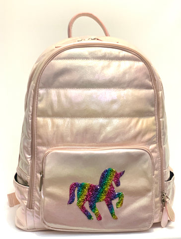 Full Size Iridescent Puffer Backpack- Light Pink with Unicorn