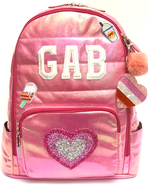 Full Size Iridescent Puffer Backpack- Pink with Heart