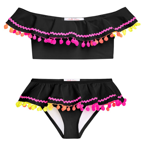 Black Neon Poms Ruffle Bikini