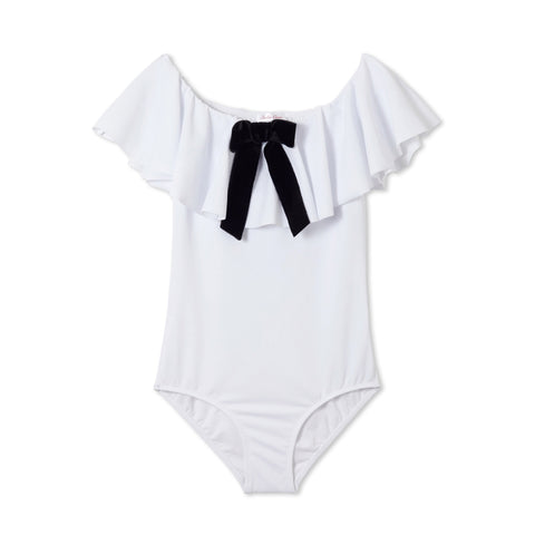 White Bow Ruffle One Piece Girls Swimsuit