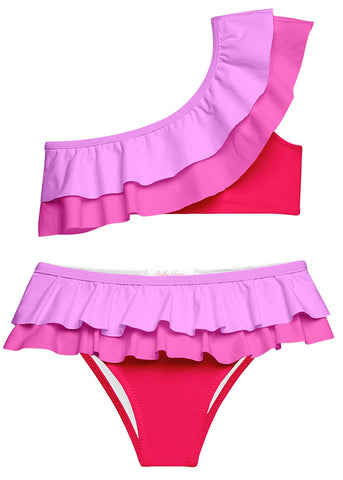 Pink Double Ruffle Bikini one shoulder