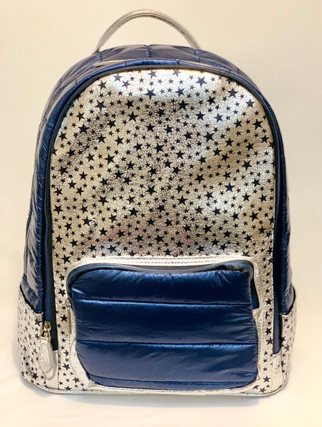 Full Size Scattered Star Backpack- Silver/Navy