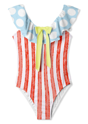 Red and White Striped Bow Swimsuit